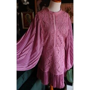 Fate Mauve Lace Mock Neck Pleated Butterfly Volume Long Sleeve Boho Midi Dress M